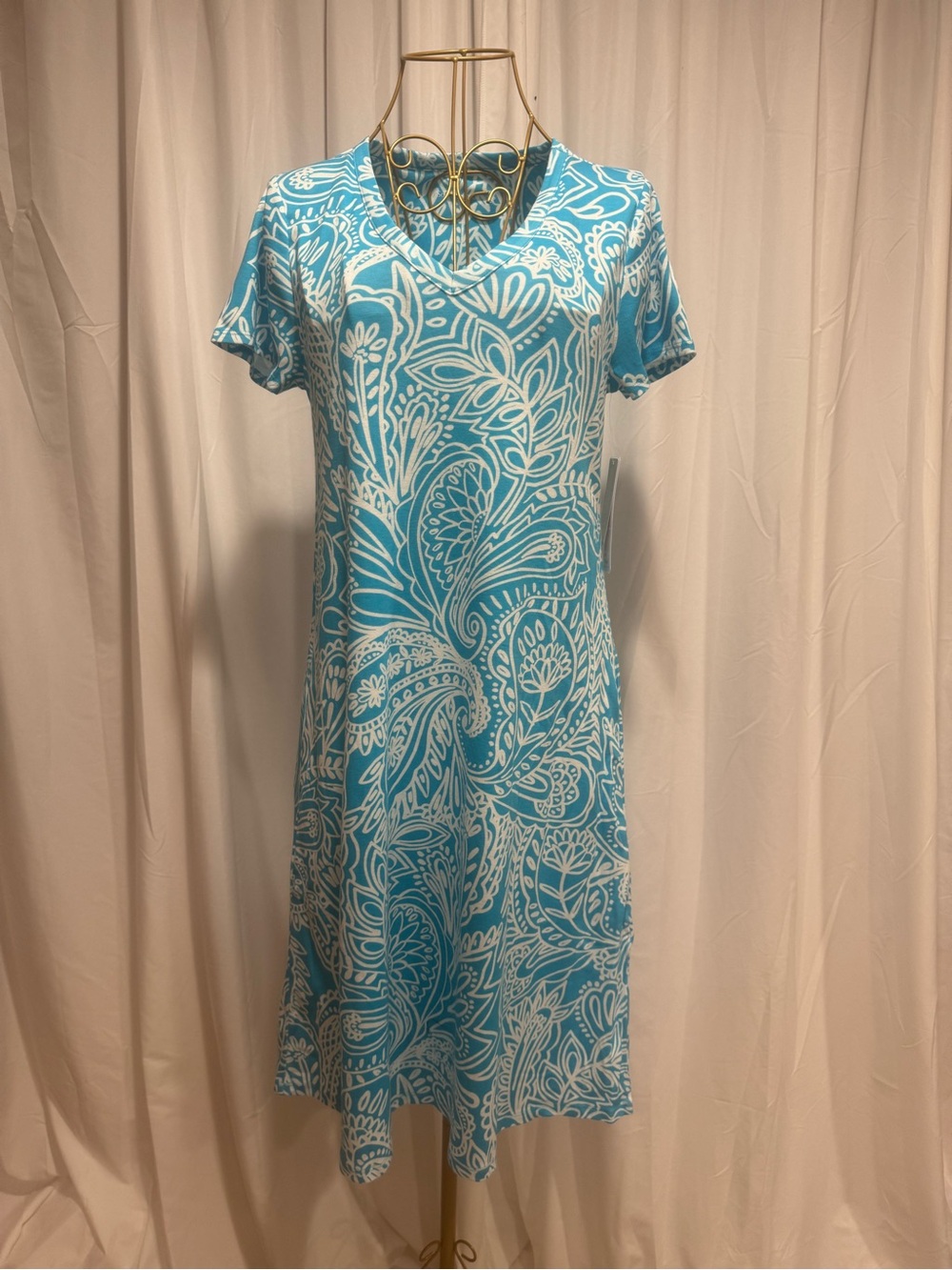 Soft Surroundings Turquoise and White Floral Paisley Midi Tee Dress